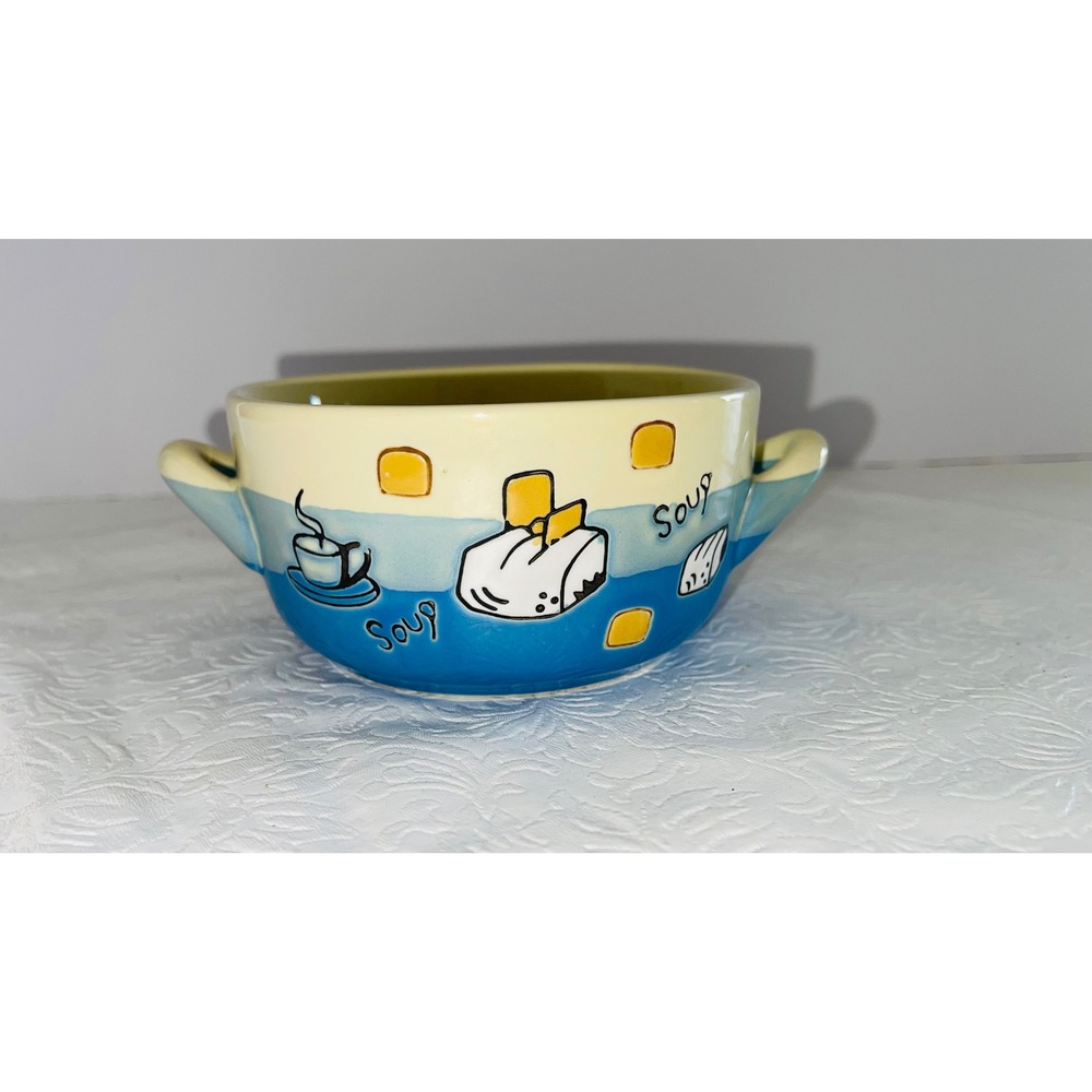 Unbranded Kitchen Soup Bowl Crock 5in Blue Yellow Toast Coffee Ceramic Handle